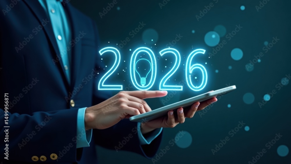 Person using a tablet to view the year 2026 with an illuminated ...