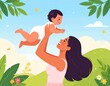 © Monika - Mama unosząca do góry swoje małe dziecko. Dzień Matki.Ilustracja, grafika