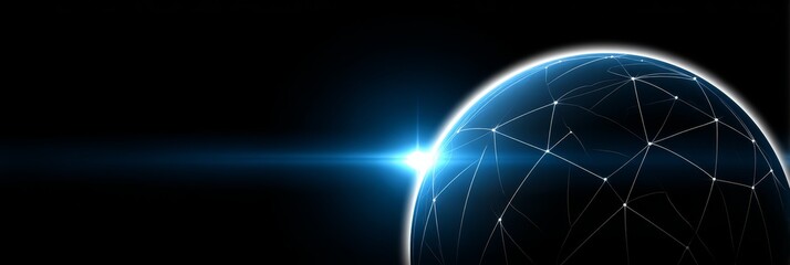 Global Network Sunrise - A futuristic globe illuminated by a bright sunrise, symbolizing connection, innovation, technology, growth, and global communication