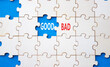 © Natallia - Good or Bad symbol. Concept word Good or Bad on wooden puzzle. Beautiful blue background. Business and Good or Bad concept. Copy space