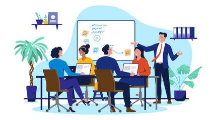 Aufkleber - Business meeting in office - Group of people or businesspeople sitting at meeting table together in workshop listening to presentation. Flat design vector illustration on white background