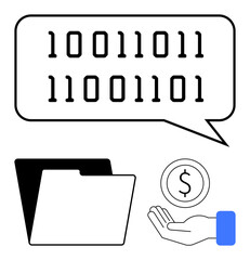 Wall Mural - binary text in speech bubble, folder icon, hand with coin. ideal for technology, data sharing, digit