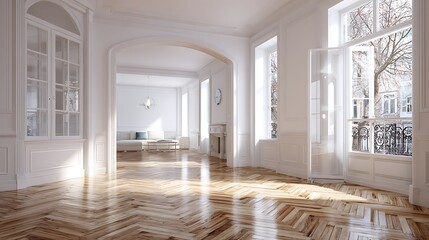 Aufkleber - Illustration mock up of a contemporary classic white vacant home with herringbone parquet