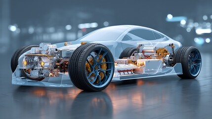 Poster - Futuristic electric sport fast car chassis and battery high performance concepts as wide banner with copy space area -