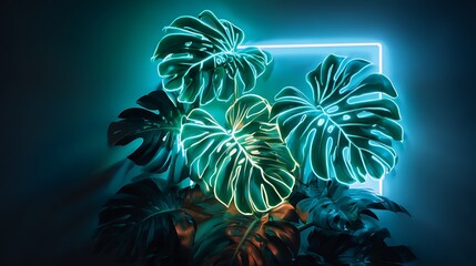 Fototapete - Green and blue neon light with tropical leaves