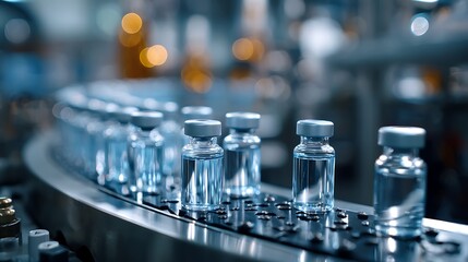 Aufkleber - Medical vials on production line at pharmaceutical factory, pharmaceutical machine working pharmaceutical glass bottles production line