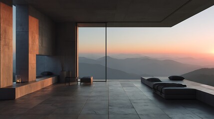 Aufkleber - Modern architectural interior with mountain view at dawn highlighting minimal design elements
