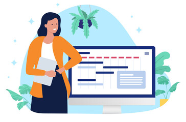 Aufkleber - Project manager woman illustration - One smiling person standing with computer and work calendar planning and managing projects for company or business. Flat design vector illustration graphic