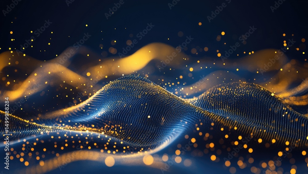 Abstract digital waves of blue and gold particles Stock Photo | Adobe Stock