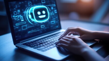 person using a laptop with a glowing robot icon on the screen