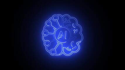 Wall Mural - Blue Neon-lit brain icon connected to digital AI interface. High-tech glowing brain UI animation powered by AI.