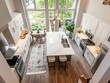 © Monty - A contemporary spacious kitchen featuring a marble island, sleek white cabinetry, and a view of greenery outside