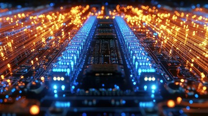 Wall Mural - abstract circuit board with glowing data streams