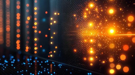 Wall Mural - abstract orange/blue light particles on a dark textured grid