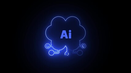 Wall Mural - Blue neon AI data cloud icon on black background.  Blue neon-style AI cloud logo looping animation. 