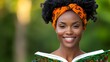 © Raul - Smiling woman reads a book outdoors with a green background, wearing an orange patterned headband.