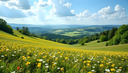 Wall Mural - Scenic Landscape with Wildflowers and Rolling Hills under Blue Sky