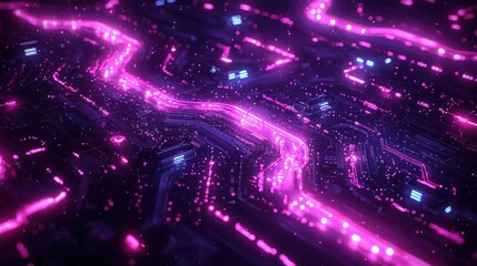 Wall Mural - bright pink circuit board glows amidst purple darkness