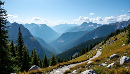 Wall Mural - Scenic Hiking Trail in Majestic Mountain Landscape under Blue Skies