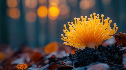 Wall Mural - Bright yellow fungus in forest with bokeh background