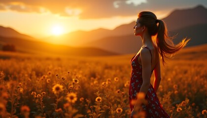 Wall Mural - Woman in Dress Standing at Sunset Among Sunflowers in Meadow