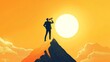© kkkiim graphic - animation a businessman is at the peak of his career. on a mountain of gold while looking at a bright future using binoculars that symbolize the vision and mission towards success