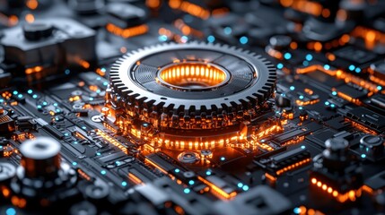 Wall Mural - complex circuit board with gear and bright orange highlights