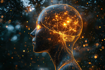 Poster - Glowing neural network visualization of a human head, representing consciousness and cognitive processes.