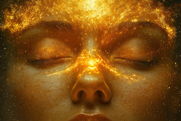 Poster - Close-up of a face adorned with golden, sparkling dust, eyes closed in serene contemplation.