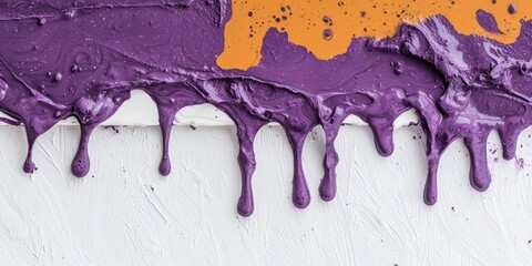Poster - Purple and orange paint drips down a white wall. The colors are vibrant and the drips create a sense of movement and energy. The image evokes a feeling of creativity and artistic expression