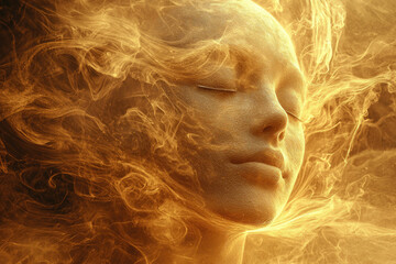 Poster - Serene face enveloped in golden, ethereal smoke, conveying peace and tranquility.