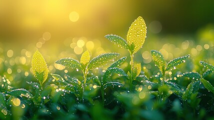 Wall Mural - Dewy green shoots bask in soft sunlight