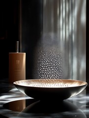 Wall Mural - A decorative bowl emits illuminated particles in a dark room
