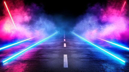 Leinwandbilder - Road with a blue and purple haze in the background. The road is lit up with neon lights