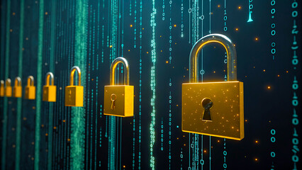 Digital security concept illustrating cybersecurity protection of information and data with padlocks and code