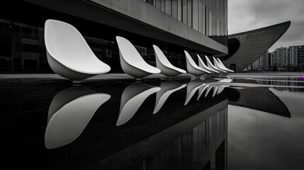 Poster - Row of white chairs are reflected in a body of water. The chairs are arranged in a row, with some of them facing the water. The scene has a calm and serene atmosphere, with the chairs
