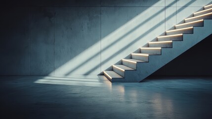 Aufkleber - Staircase is lit by the sun shining through a window. The light casts shadows on the steps, creating a sense of depth and dimension. The staircase is made of concrete and he is empty