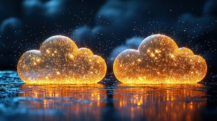 Wall Mural - glowing cloud shapes with particle light reflected on wet surface