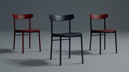 Aufkleber - Three chairs are shown in a room, with one being red, one black, and one red and black. The chairs are arranged in a row, with the black chair in the middle and the red