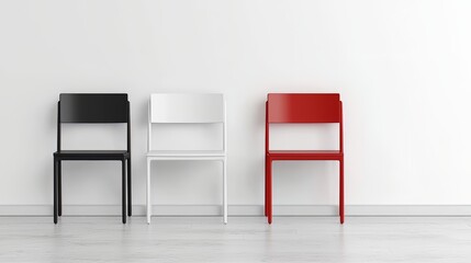 Aufkleber - Three chairs are sitting in a row, with one of them being red. The chairs are placed in front of a white wall, creating a simple and minimalistic setting
