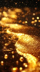 Wall Mural - golden, shimmering, blurred light on dark, flowing surface