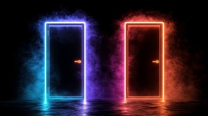 Aufkleber - Two doors with neon lights on them, one is red and the other is blue. The smoke coming out of the doors creates a mysterious and eerie atmosphere