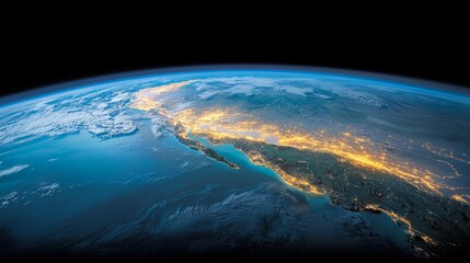 Poster - View of the Earth from space, with the land and water visible in the distance. The sky is dark, and the stars are visible in the background