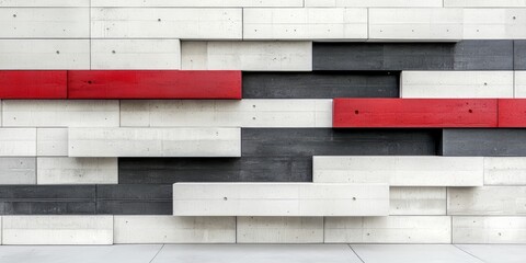 Poster - Wall with a red and white stripe and black and white stripes. The wall is made of concrete blocks