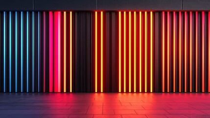 Aufkleber - Wall with neon lights in a room. The lights are in different colors and are arranged in a row