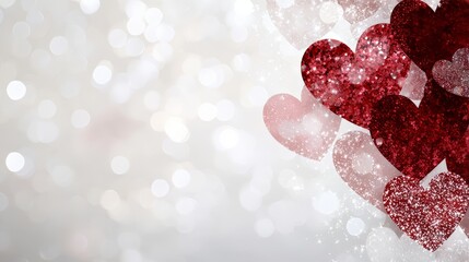 Fototapete - White background with red hearts scattered around it. The hearts are glittery and sparkly, giving the image a romantic and dreamy feel