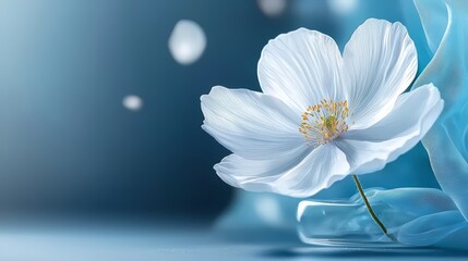 Poster - White flower is in a clear vase on a blue background. The flower is the main focus of the image, and the blue background adds a calming and serene atmosphere
