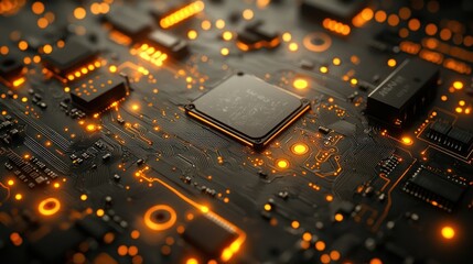 Wall Mural - illuminated, detailed circuit board with central processor