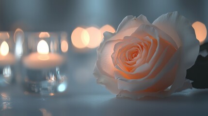 Poster - White rose is on a table with candles. The candles are lit and the rose is in the center of the table