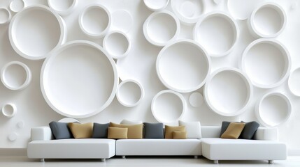 Aufkleber - White wall with a white couch and pillows. The couch is white and has a brown pillow